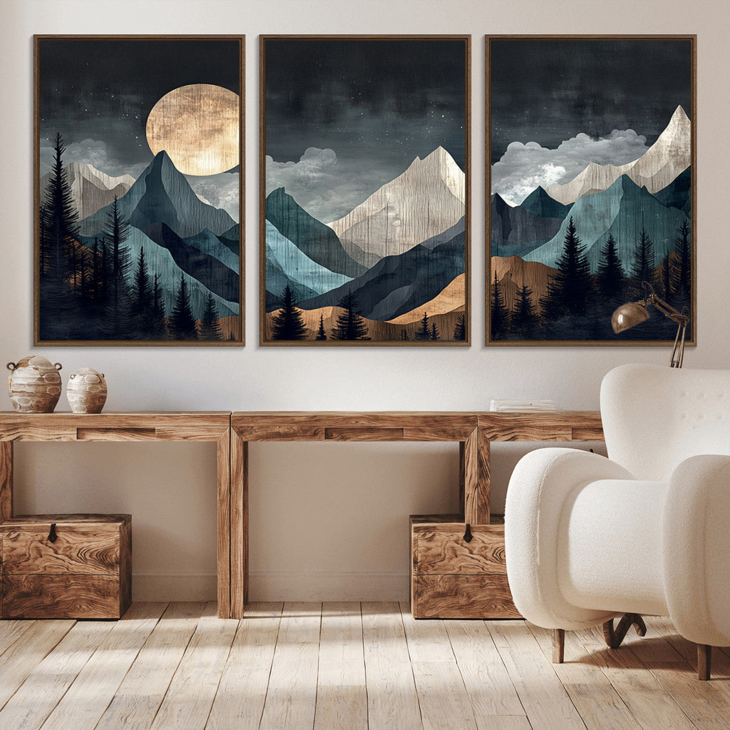 Moonlit Mountain Wall Art Canvas Print, Framed Silhouetted Pines Art, Layered Peaks Rustic Decor