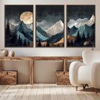 Moonlit Mountain Wall Art Canvas Print, Framed Silhouetted Pines Art, Layered Peaks Rustic Decor