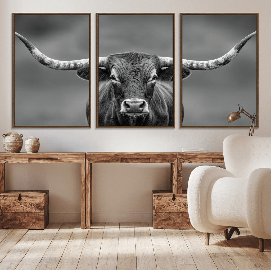 Texas Longhorn Wall Art Canvas Print, Framed Western Bull Photography, Rustic Log Cabin Decor