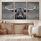 Texas Longhorn Wall Art Canvas Print, Framed Western Bull Photography, Rustic Log Cabin Decor