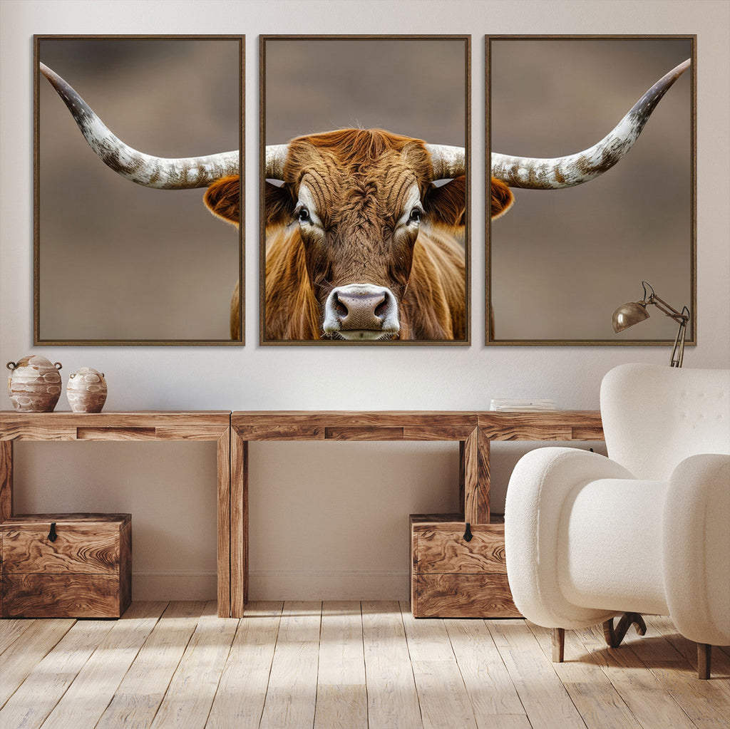 Texas Longhorn Wall Art Canvas Print | Rustic Brown Bull Western Decor