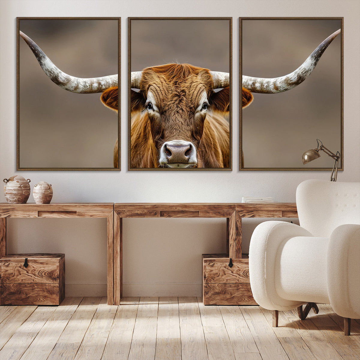 Texas Longhorn Wall Art Canvas Print | Rustic Brown Bull Western Decor