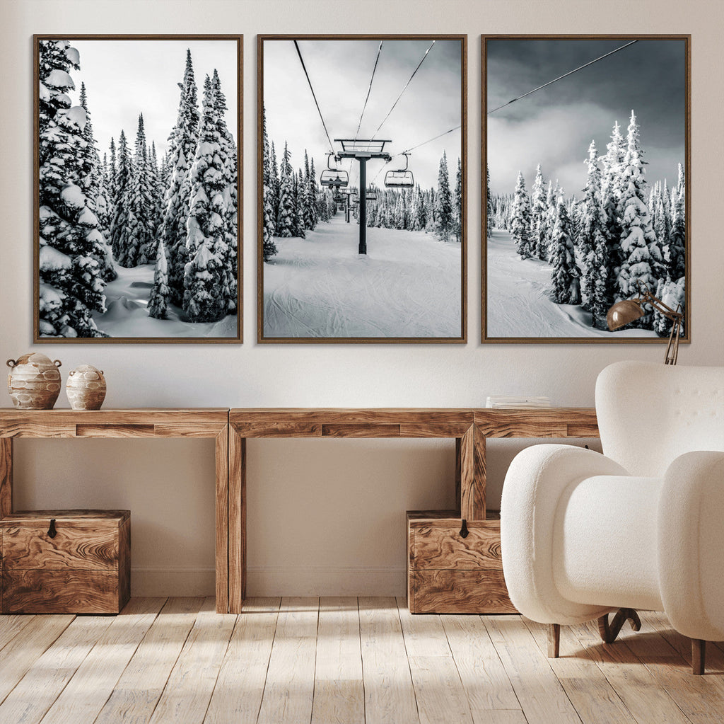 Snowy Pines Wall Art Canvas Print | Ski Lift in a Winter Forest