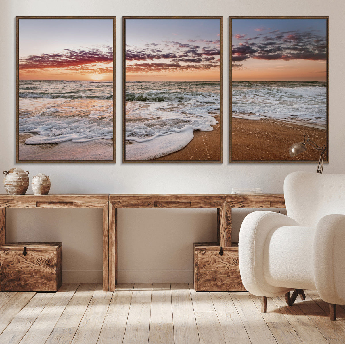 Ocean Sunset Wall Art Canvas Print | Sandy Shore and Gentle Waves