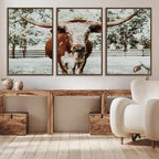 Texas Longhorn Wall Art Canvas Print | Framed Spotted Brown and White Bull