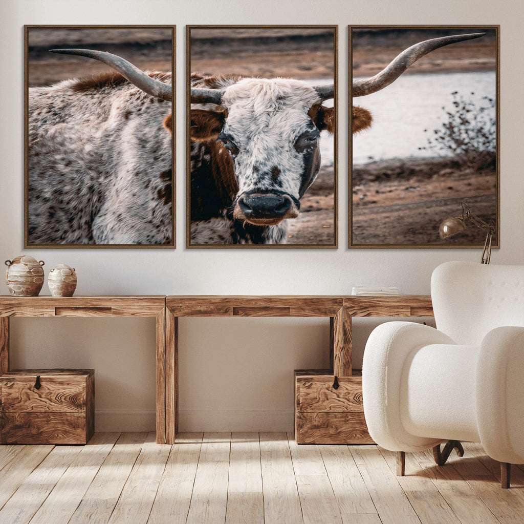 Texas Longhorn Wall Art Canvas Print | Framed Brown and White Spotted Longhorn