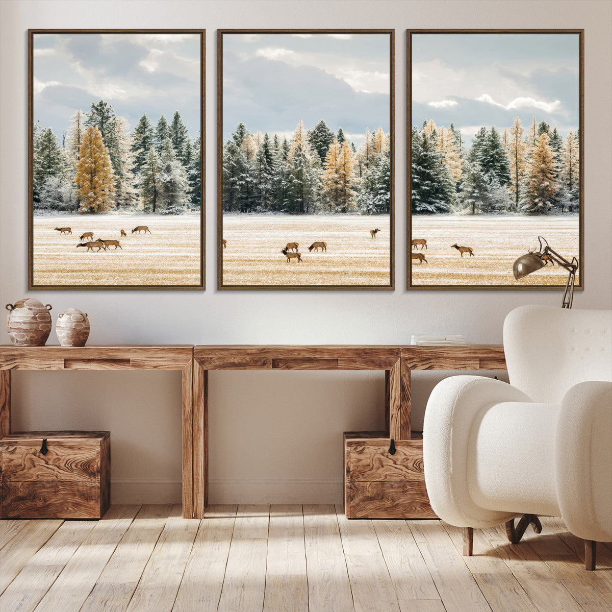 Elk Herd Wall Art, Framed Snowy Forest Canvas Artwork