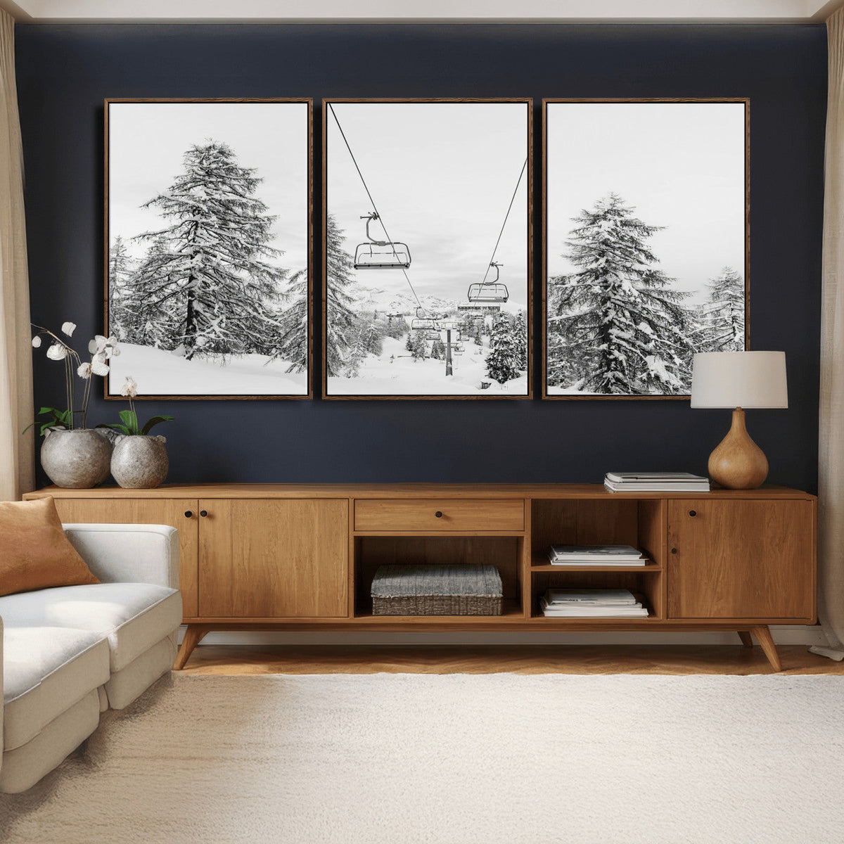 Snowy Ski Lift Wall Art | Framed Winter Forest Canvas
