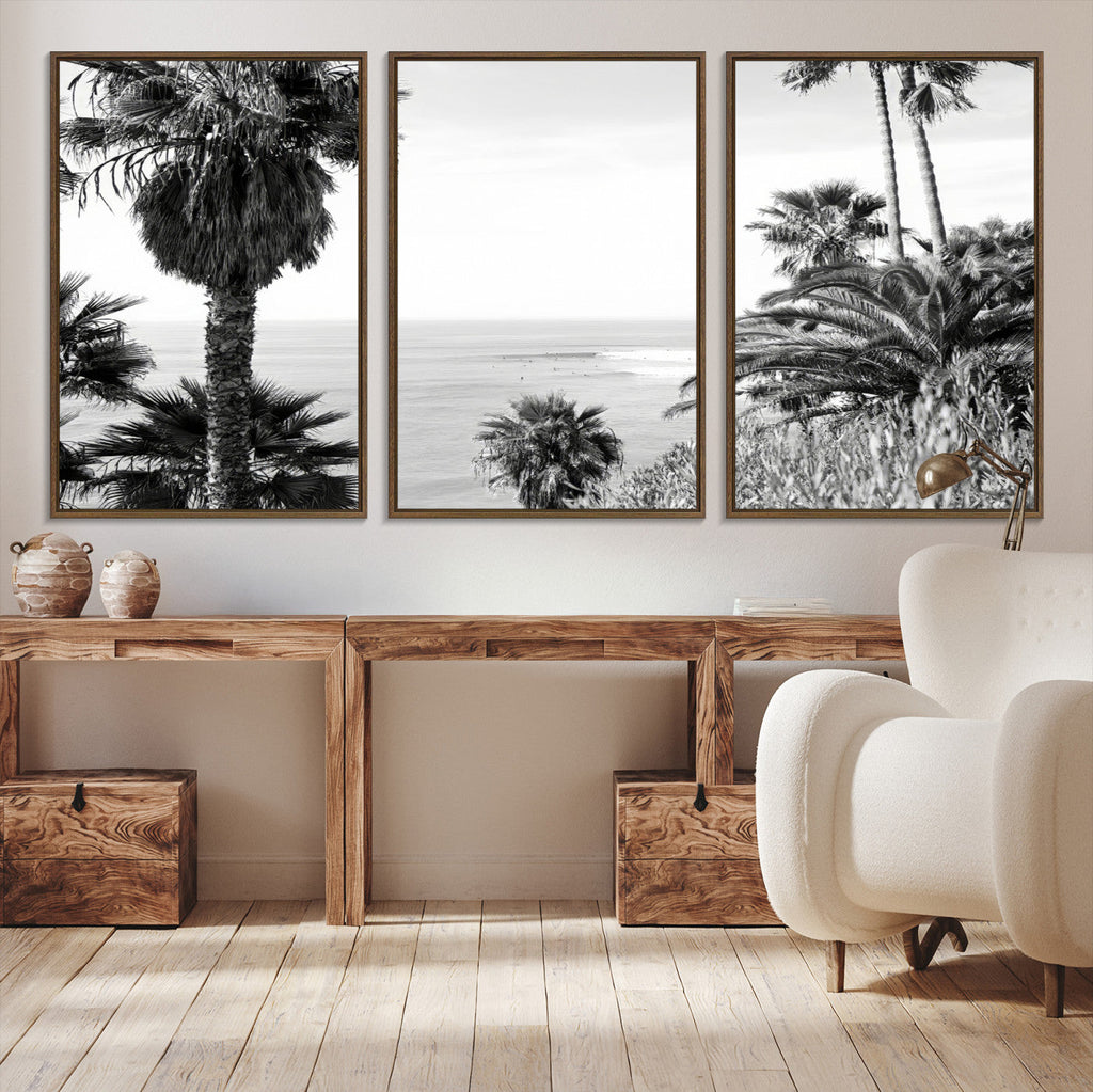 Palm Trees Wall Art Canvas Print, Framed Coastal Ocean Horizon Monochrome Art