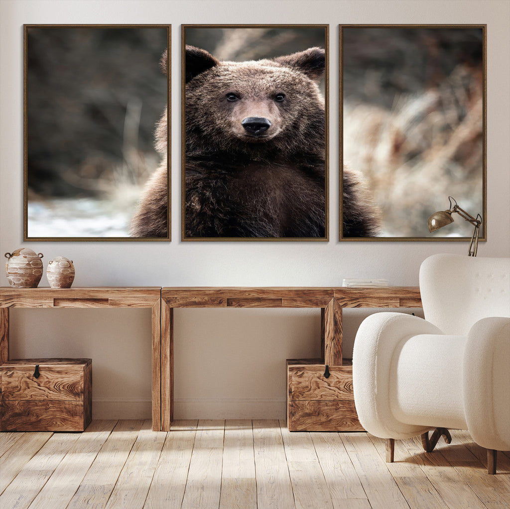 Brown Bear Wall Art Canvas Print, Framed Majestic Woodland Wildlife Cabin Art