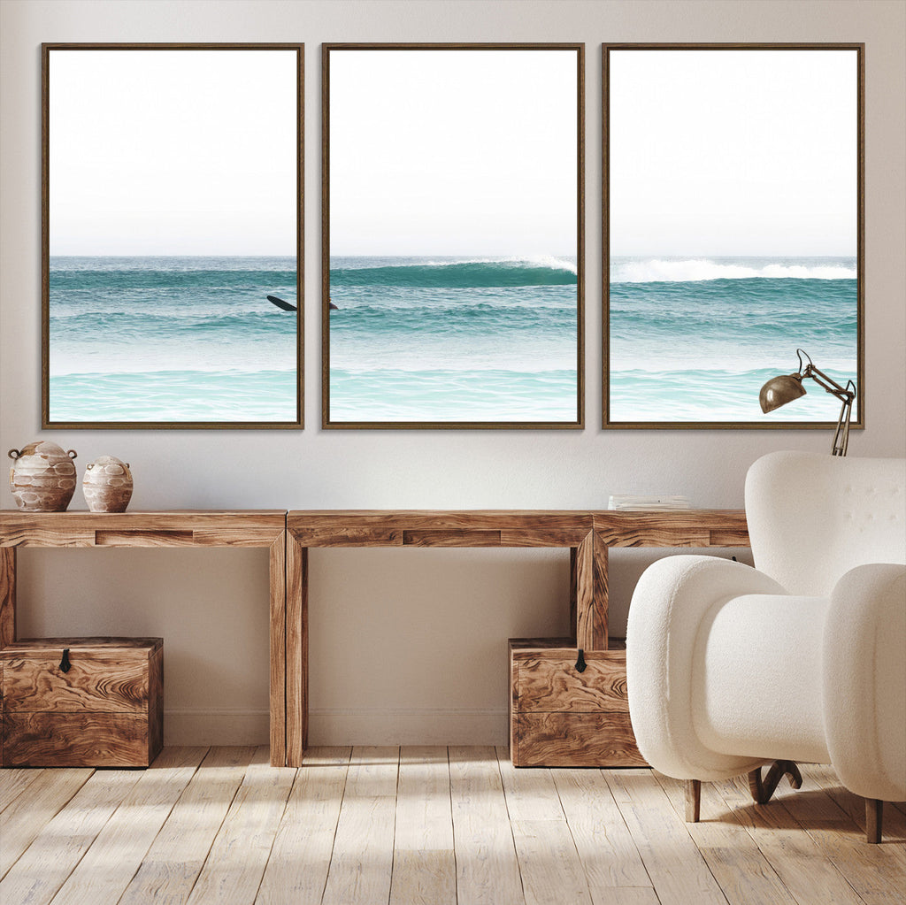 Surfing Wall Art Canvas Print, Framed Minimalist Ocean Waves Beach Art