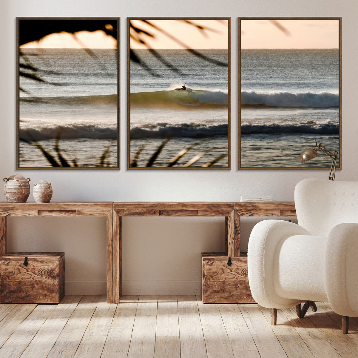 Sunset Surf Wall Art Canvas Print, Framed Golden Hour Waves Boho Beach Art