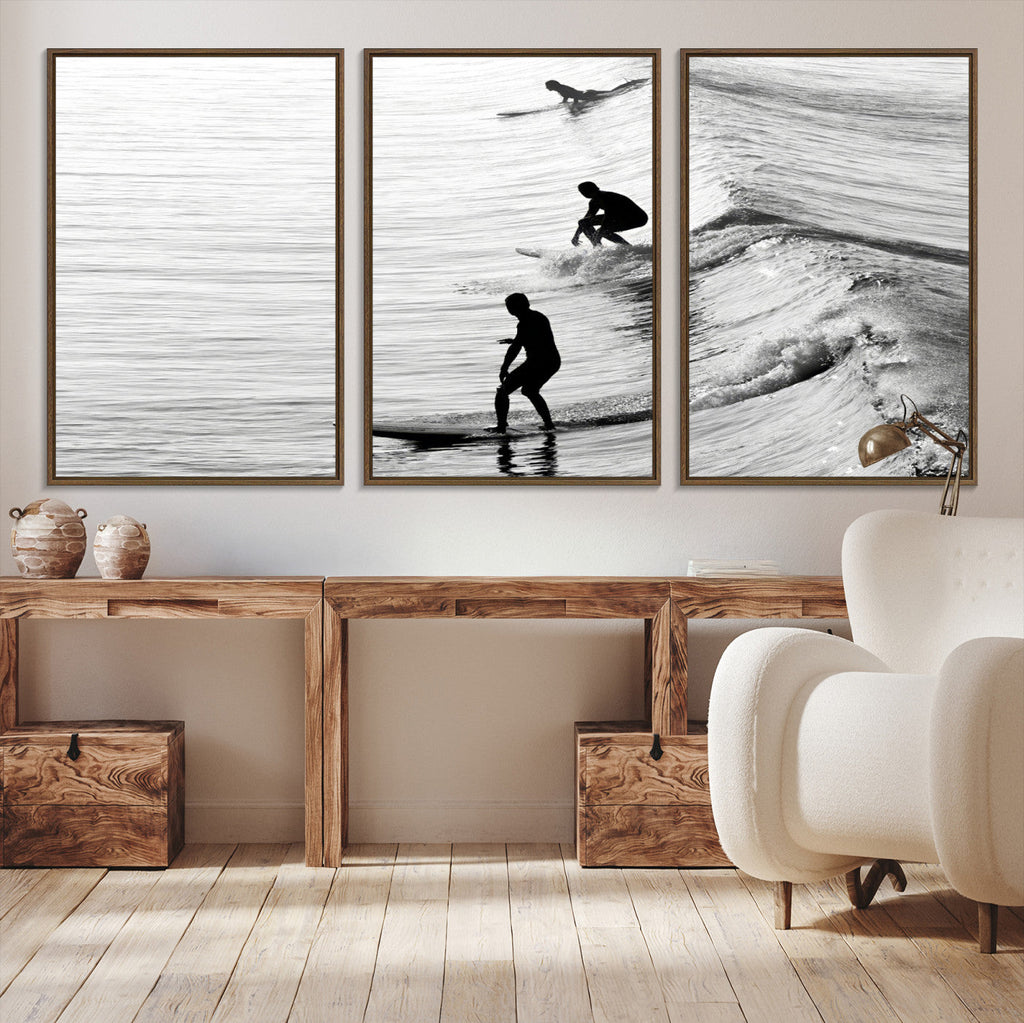 Surfers on Waves Wall Art Canvas Print | Framed Black and White Surf