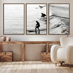 Surfers on Waves Wall Art Canvas Print | Framed Black and White Surf