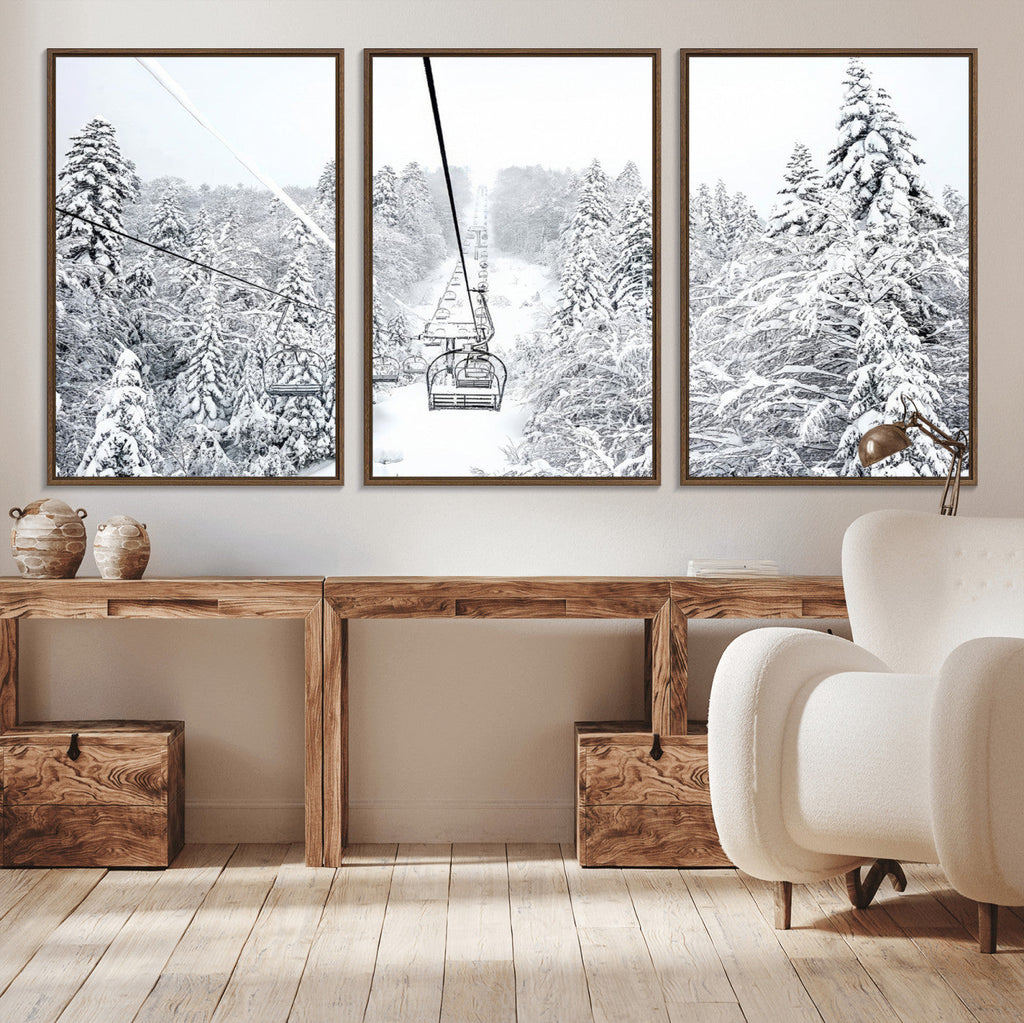 Snowy Ski Lift Wall Art | Framed Winter Mountain Canvas