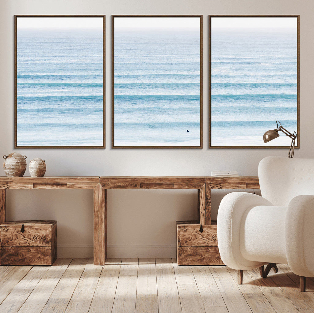 Ocean Wave Surfer Wall Art | Framed Minimal Seascape Canvas