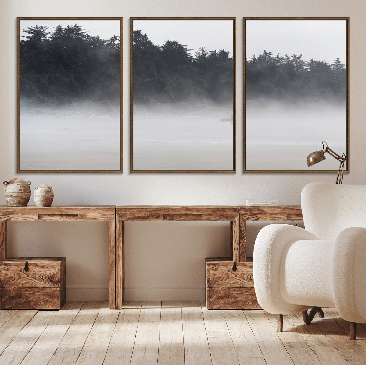 Surfer Fog Wall Art Canvas Print, Framed Foggy Beach and Coastal Surf Scene