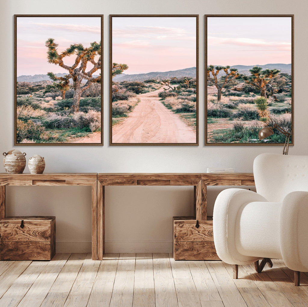 Joshua Tree Wall Art Canvas Print, Framed Desert Road Scene at Sunset