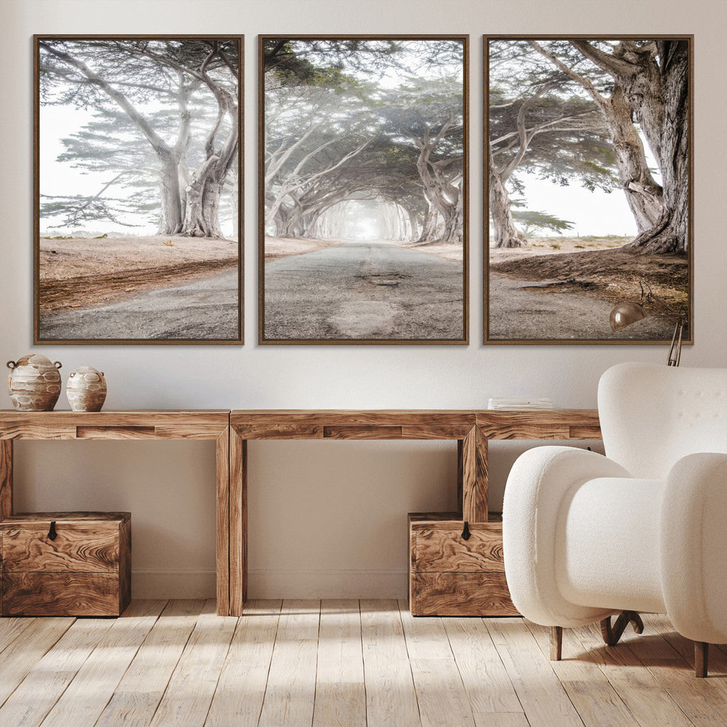 Cypress Tunnel Wall Art | Framed Misty Road Canvas Artwork