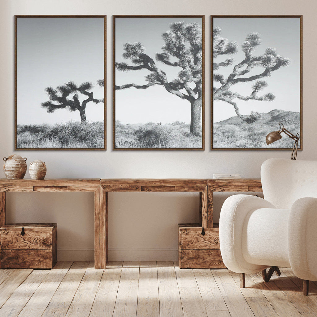 Joshua Tree Wall Art Canvas Print, Framed Black and White Desert Landscape Artwork