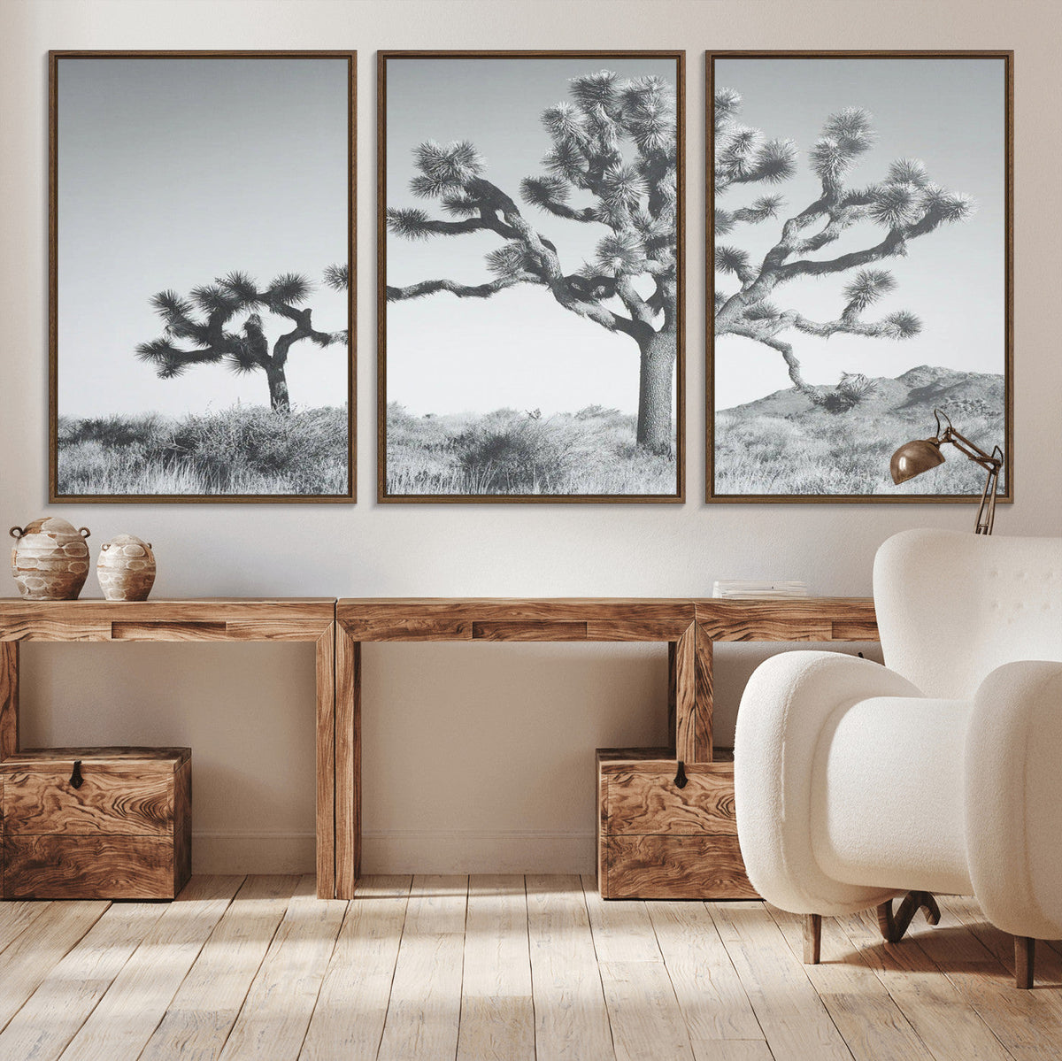 Joshua Tree Wall Art Canvas Print, Framed Black and White Desert Landscape Artwork