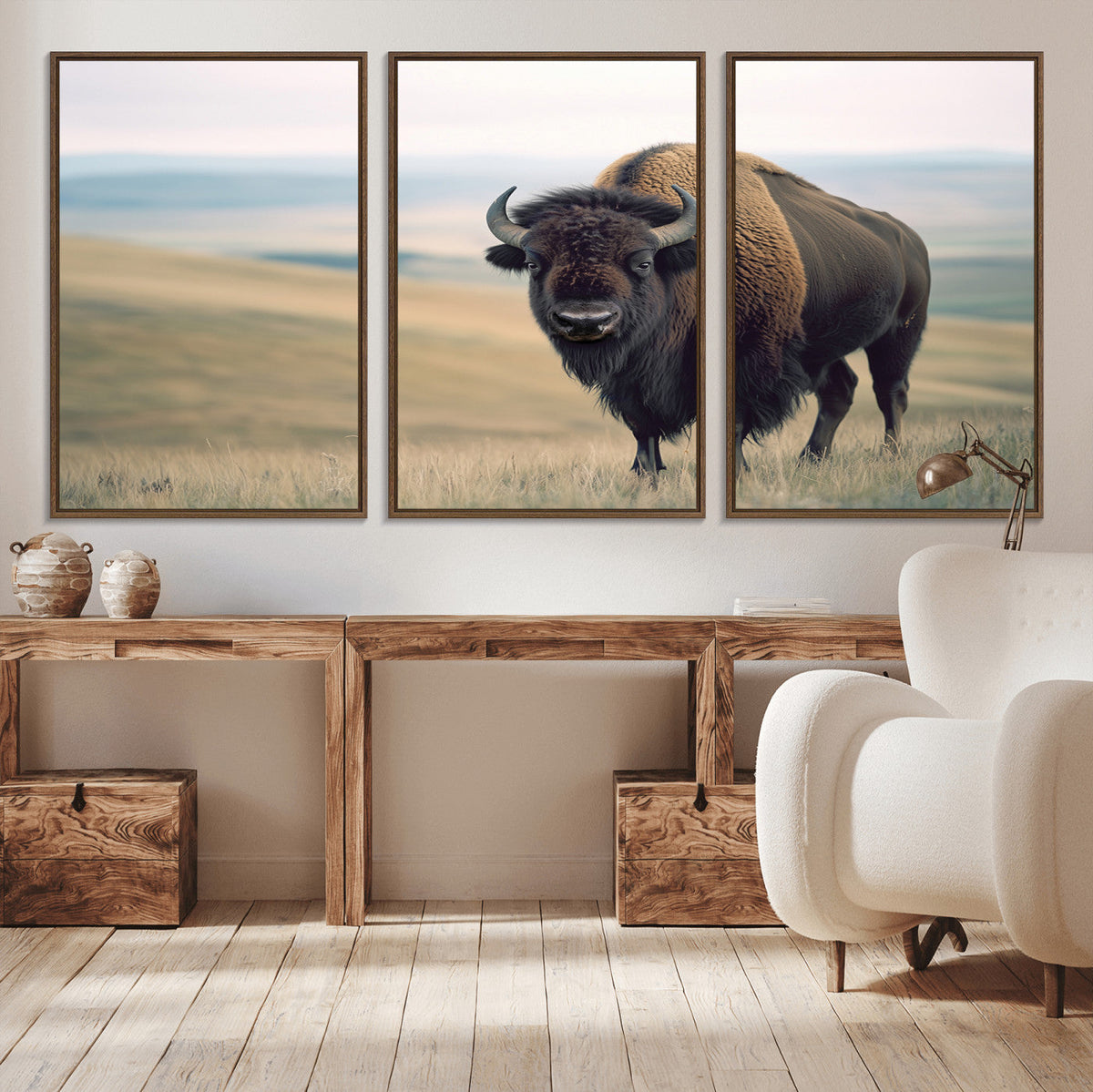 Bison Wall Art Canvas Print, Framed American Buffalo Rustic Western Artwork