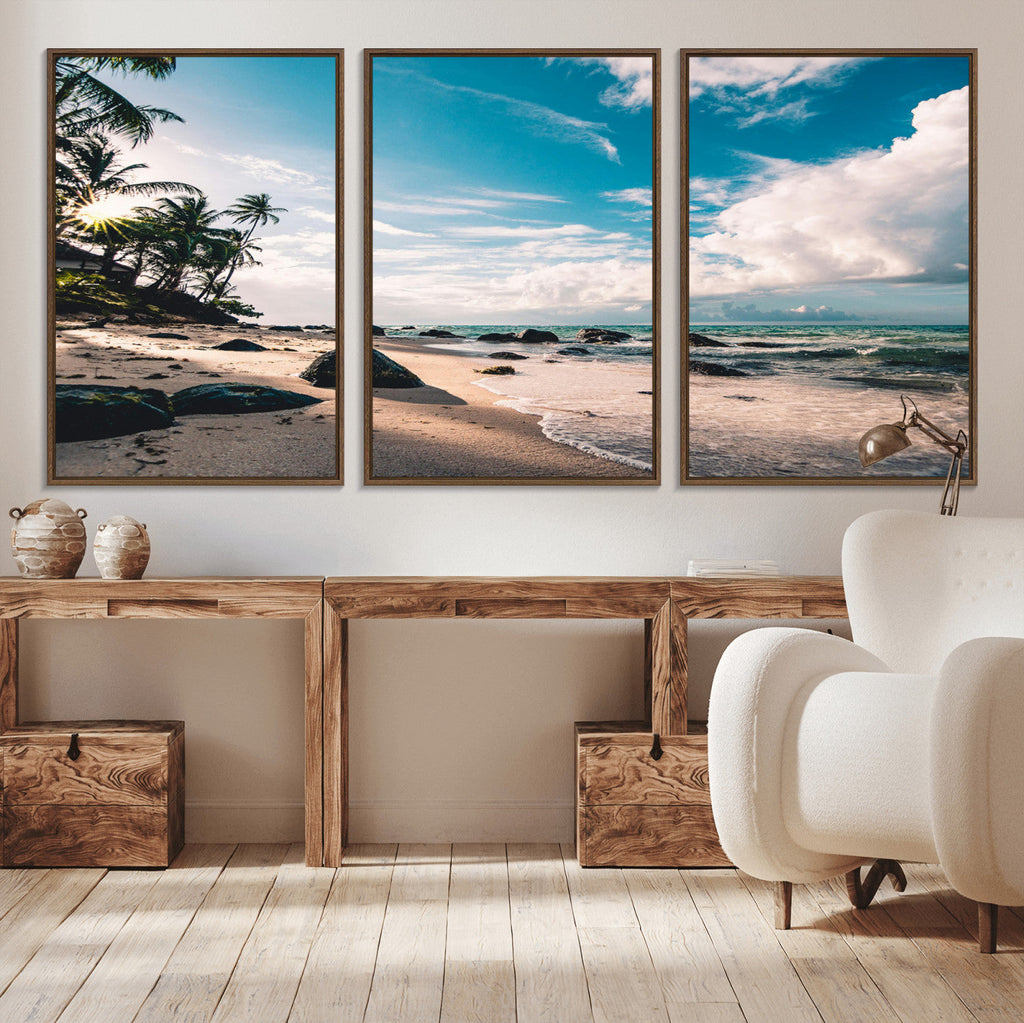 Tropical Beach Wall Art Canvas Print, Framed Ocean Waves Relaxing Seascape