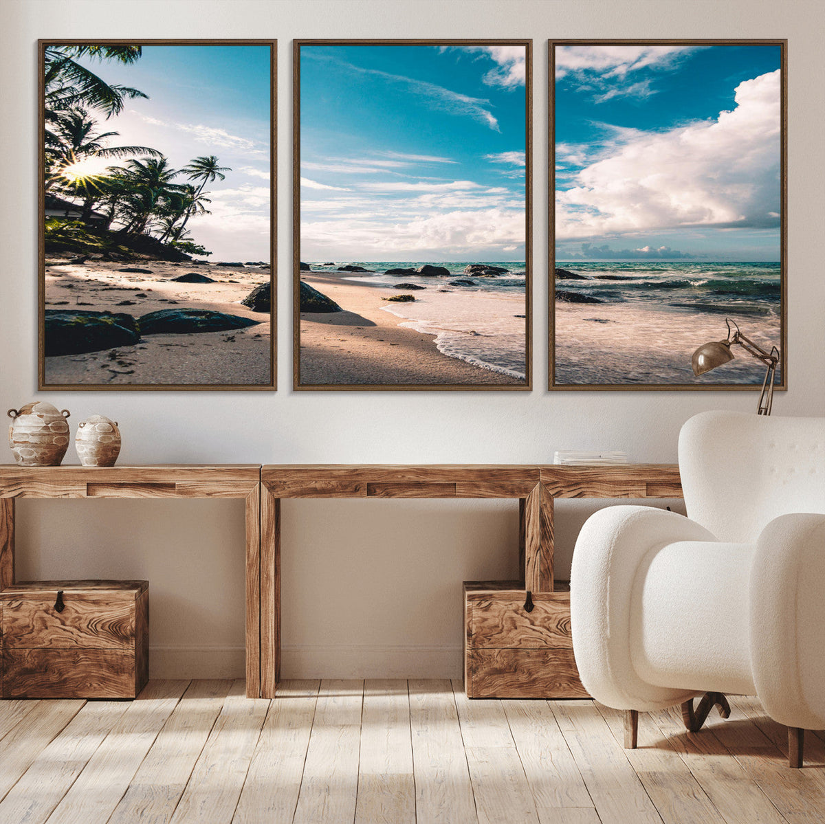 Tropical Beach Wall Art Canvas Print, Framed Ocean Waves Relaxing Seascape