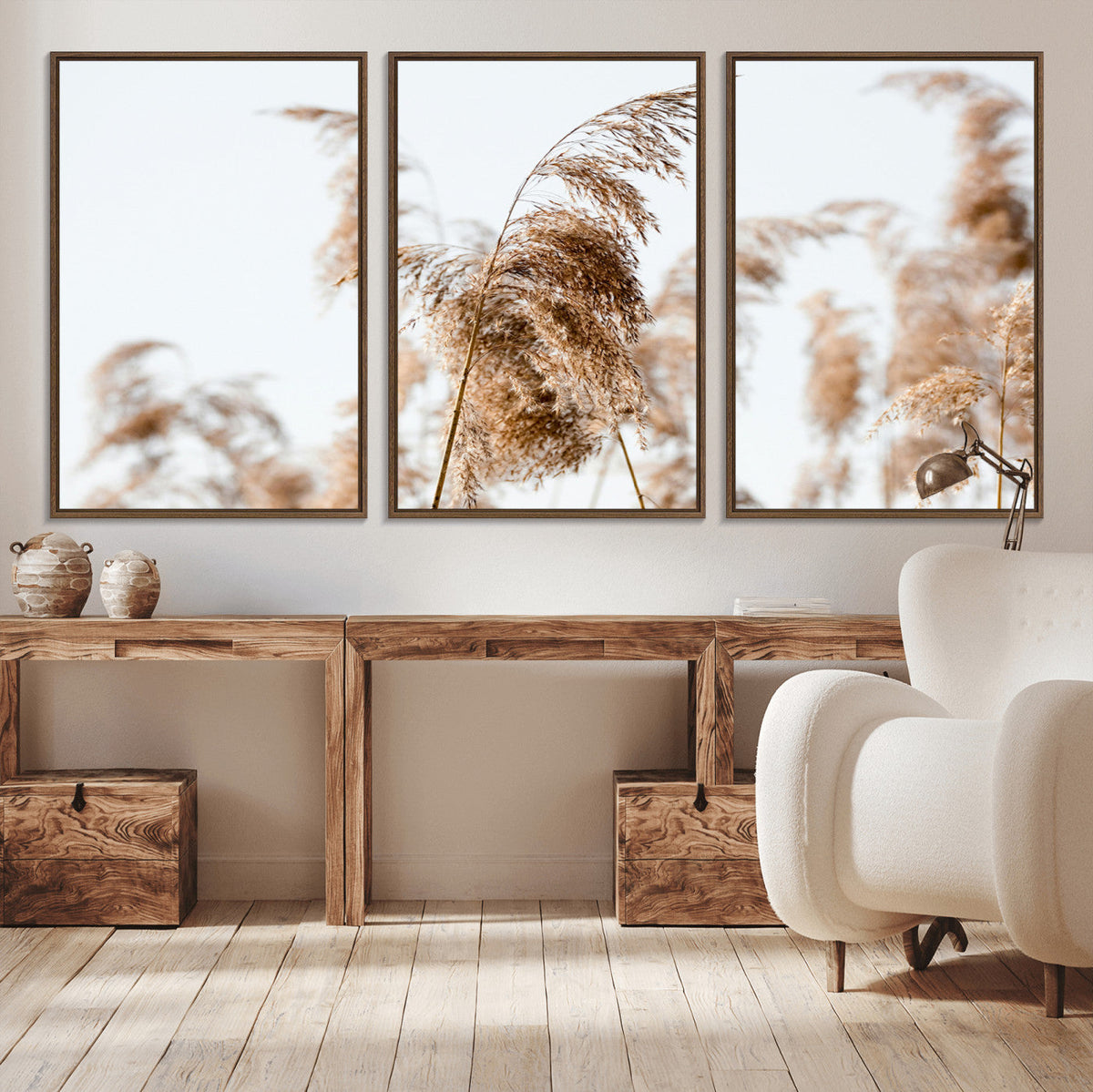 Pampas Grass Wall Art Canvas Print, Framed Neutral Tones Minimalist Boho
