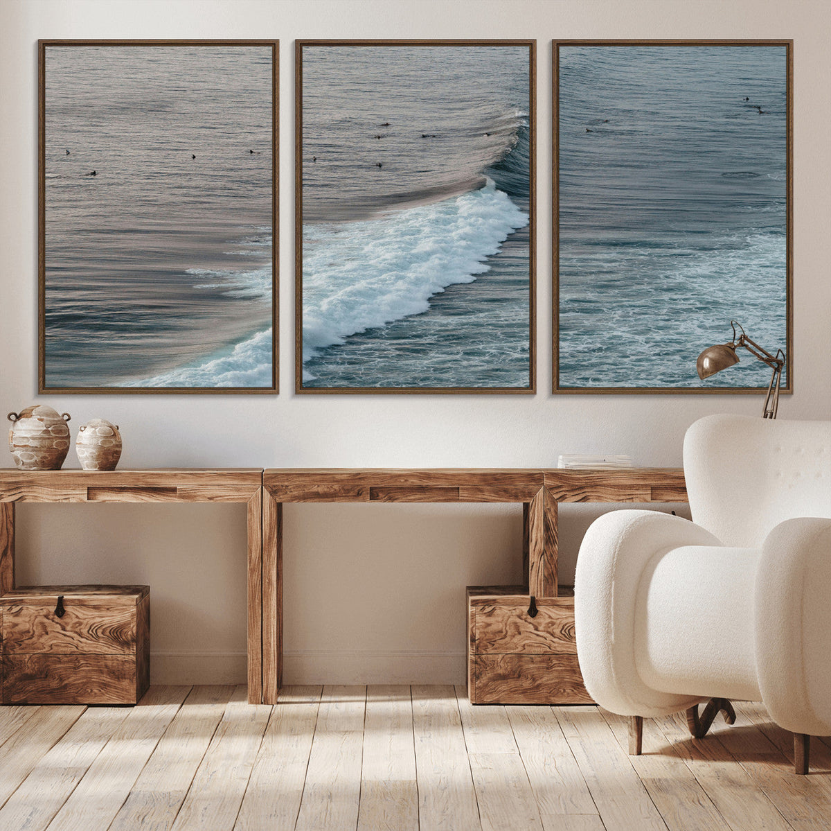 Ocean Waves Wall Art Canvas Print, Framed Coastal Serenity Surf Scene