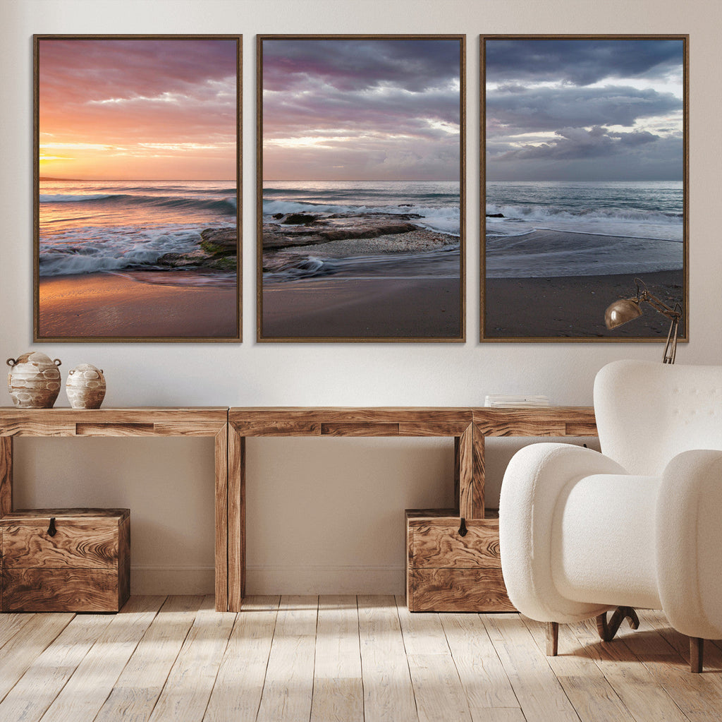 Golden Hour Wall Art Canvas Print, Framed Tranquil Waves Beach Sunset