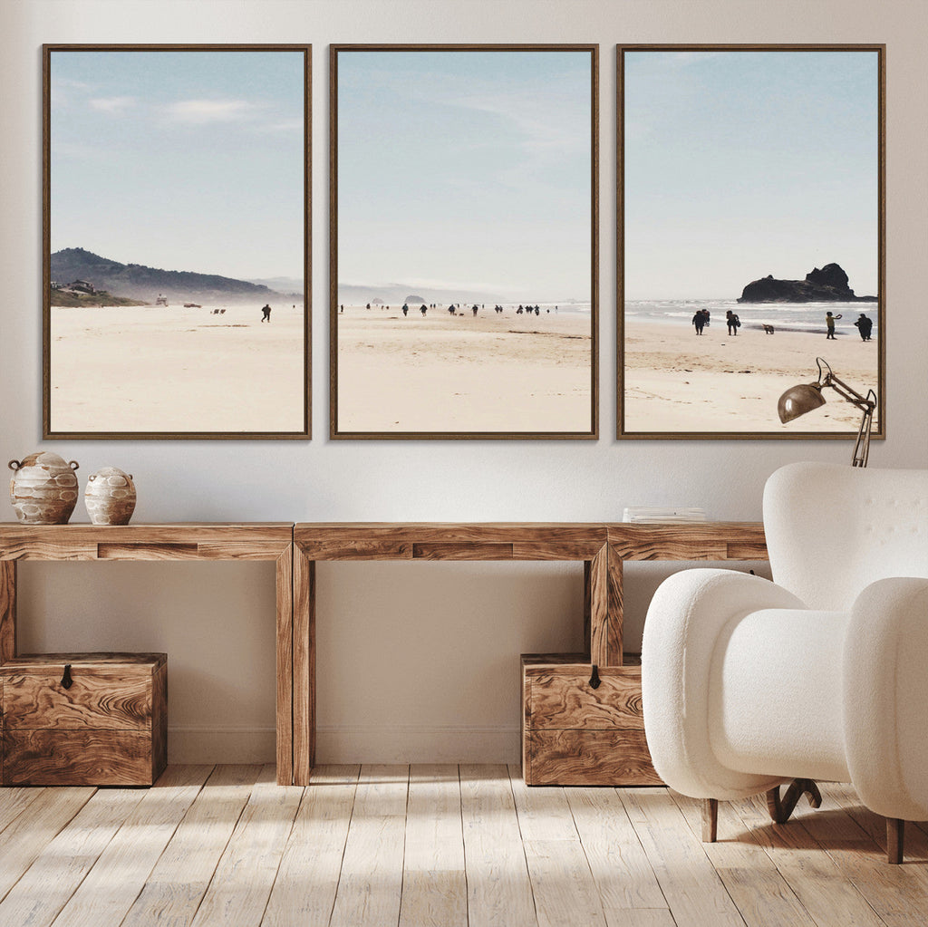 Minimalist Beach Wall Art Canvas Print, Framed Coastal Serenity Soft Sand