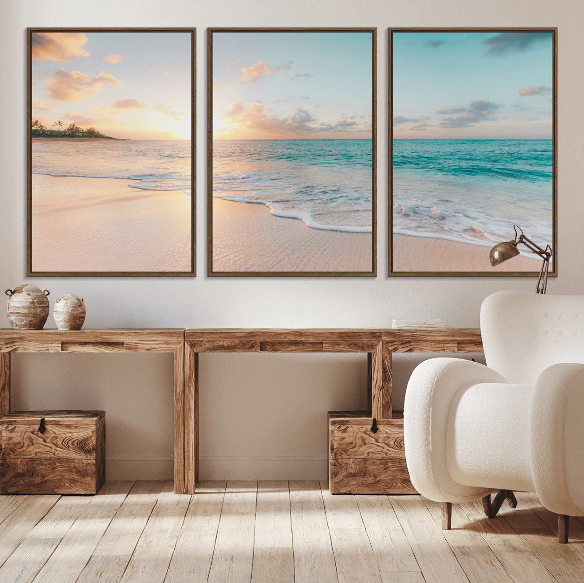 Beach Sunset Wall Art Canvas Print, Framed Ocean Waves Summer Escape