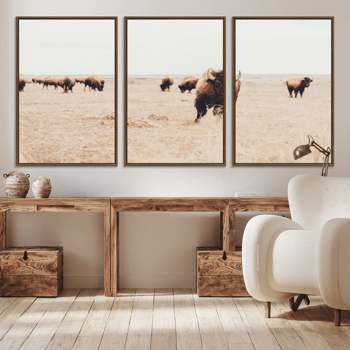 Bison Herd Wall Art Canvas Print, Framed Western Prairie Serenity