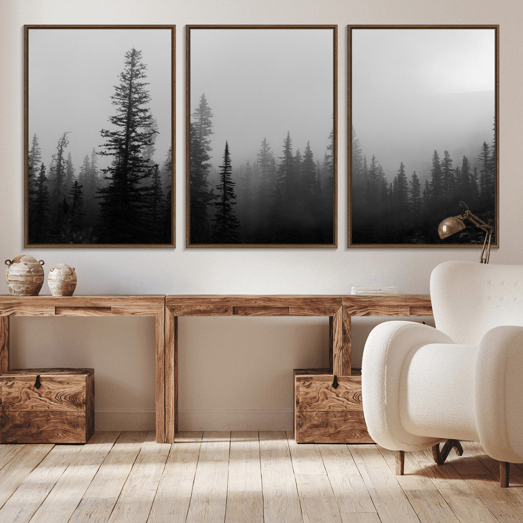 Misty Pines Wall Art Canvas Print, Framed Woodland Minimalist Black and White