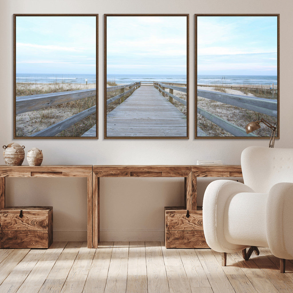 Beach Boardwalk Wall Art Canvas Print, Framed Coastal Serenity Ocean View