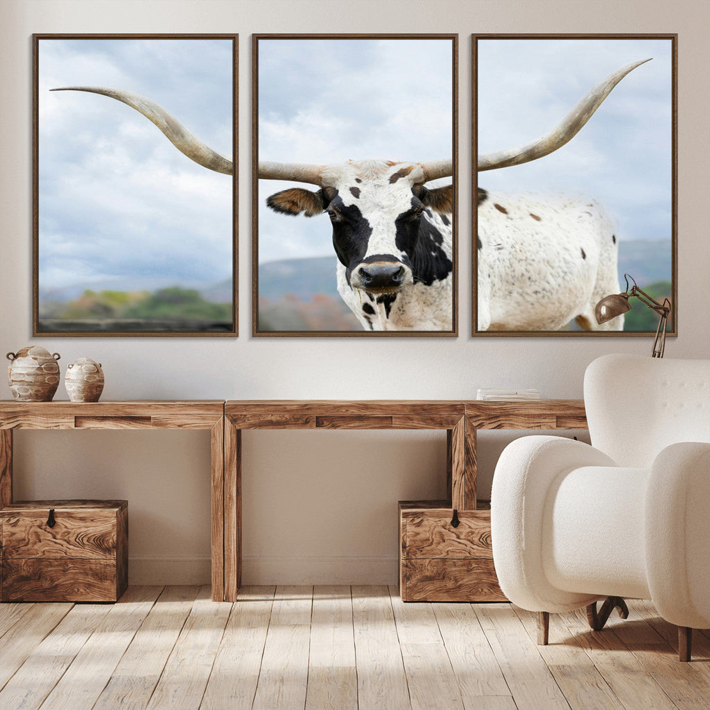 Texas Longhorn Wall Art Canvas Print, Framed Western Rustic Farmhouse