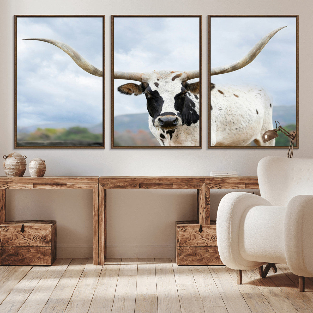 Texas Longhorn Wall Art Canvas Print, Framed Western Rustic Farmhouse