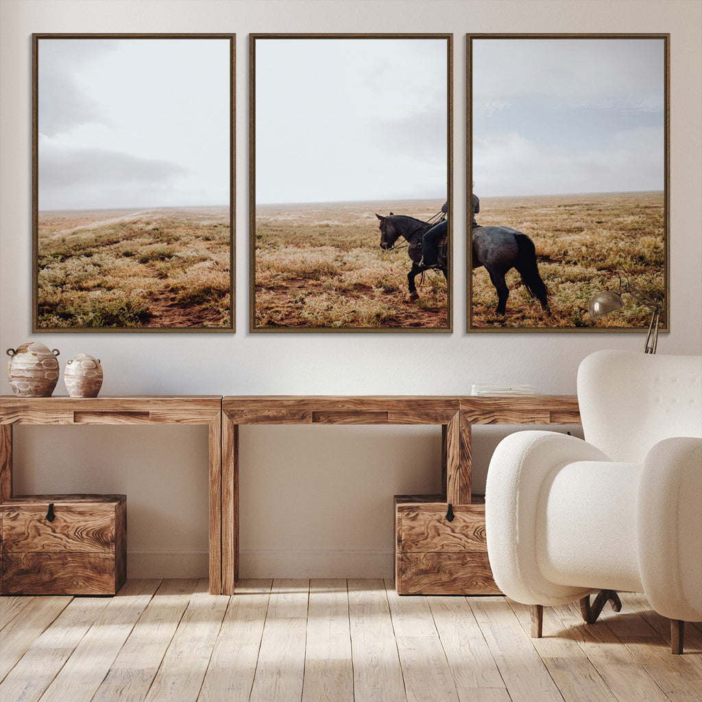 Cowboy Wall Art Canvas Print, Framed Western Rustic Ranch Scene
