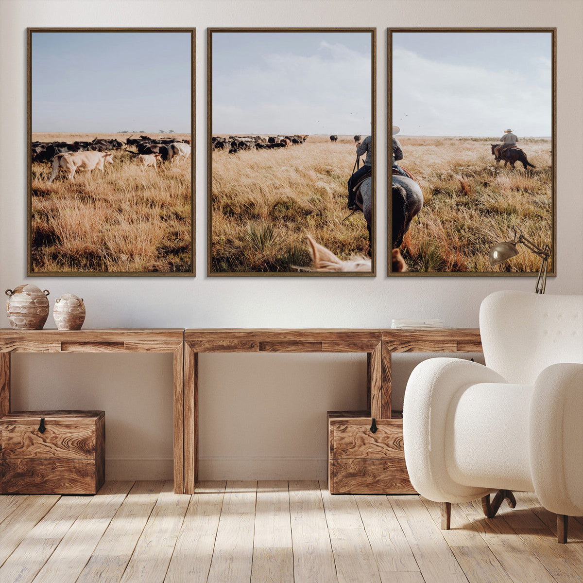 Western Wall Art Canvas Print, Framed Cowboy Cattle Drive Scene