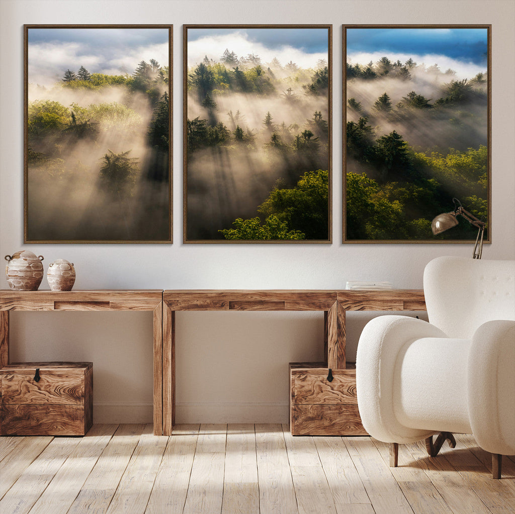 Tranquil Forest Scene Wall Art Canvas Print, Framed Moody Sunbeam Through Trees