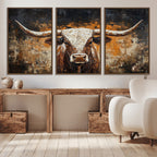 Abstract Longhorn Bull Wall Art Canvas Print, Vintage Western Texas Steer Artwork