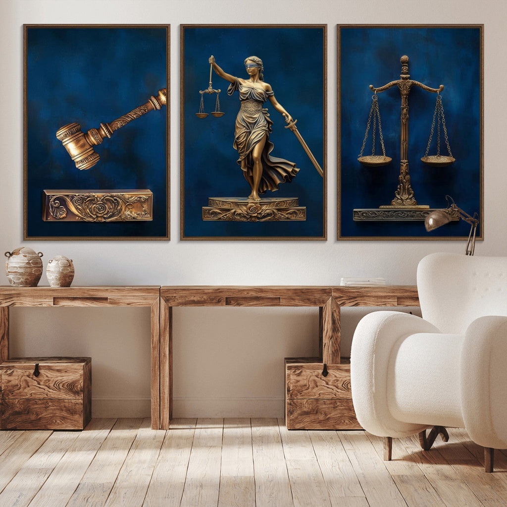 Lady Justice Wall Art Canvas Print, Elegant Gold Legal Symbols on Blue, Law Office Decor