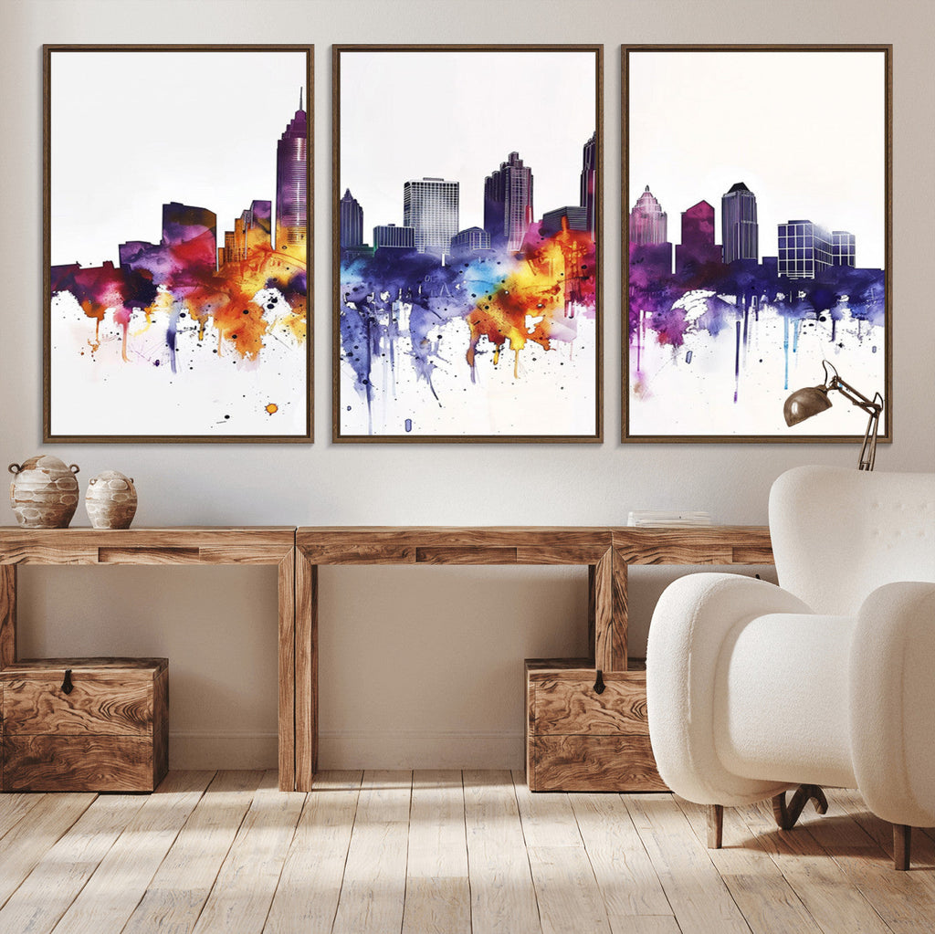 Atlanta Skyline Wall Art Canvas Print, Framed Colorful Watercolor Cityscape