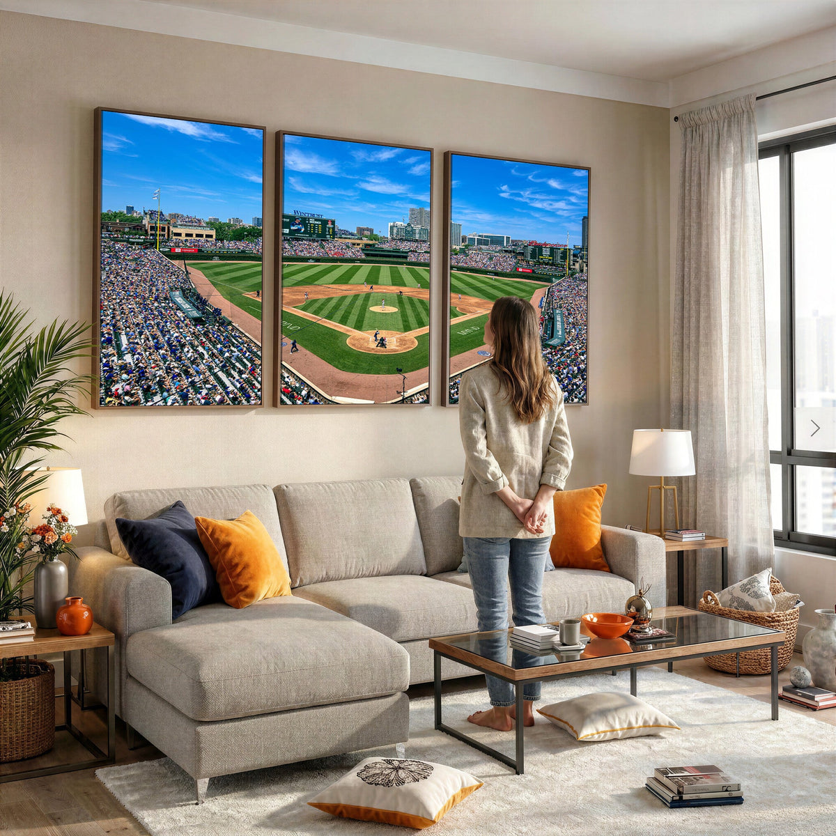 Wrigley Field Baseball Stadium Canvas Wall Art, Packed Crowd and Chicago Skyline