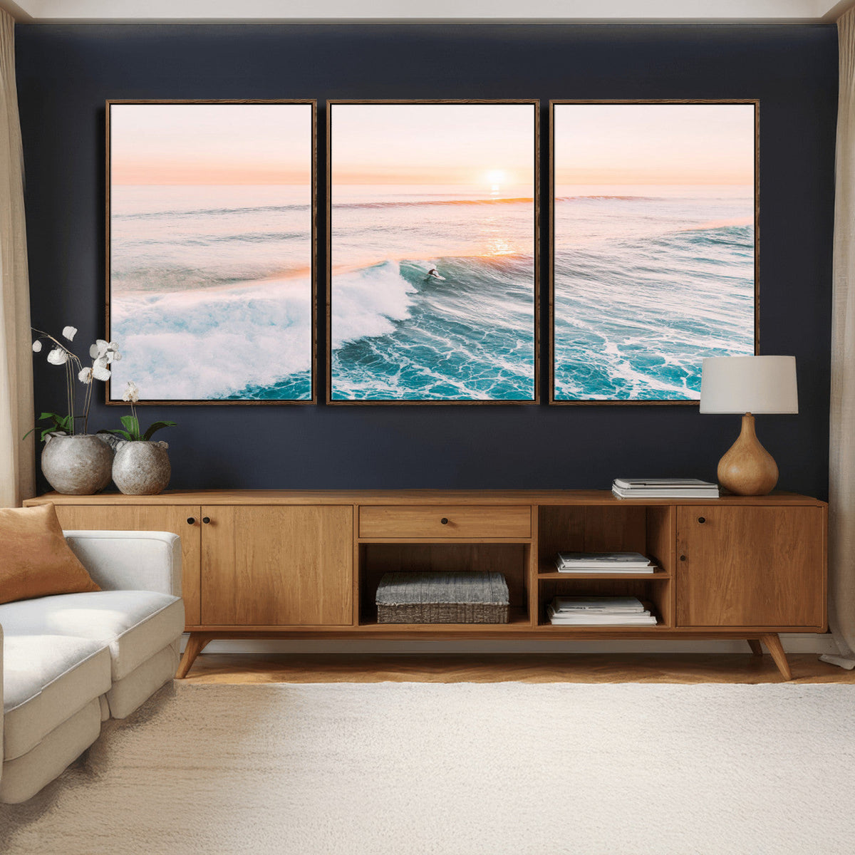 Sunset Surfing Wall Art Canvas Print, Ocean Wave Surfer with Golden Sky