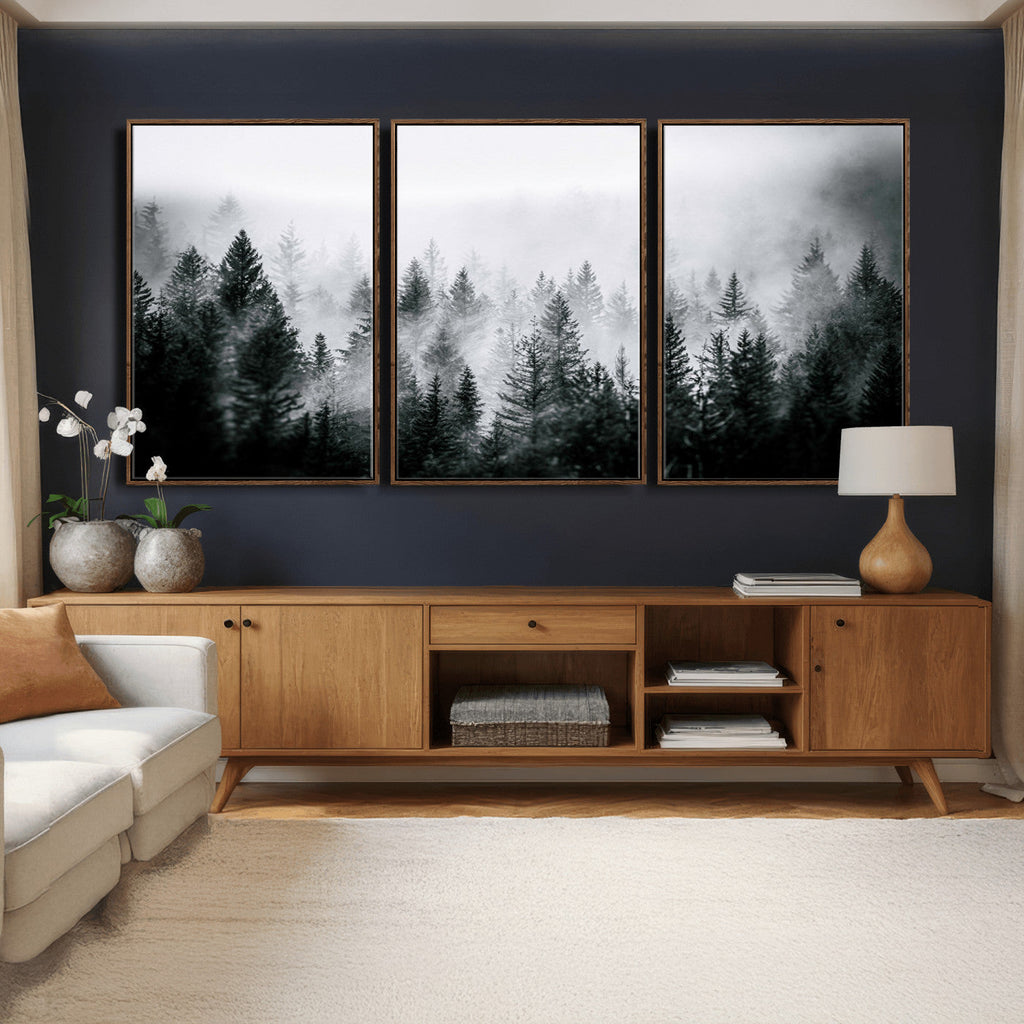 Foggy Forest Wall Art Canvas Print, Mountain Woodland Landscape, Minimal Nature Decor
