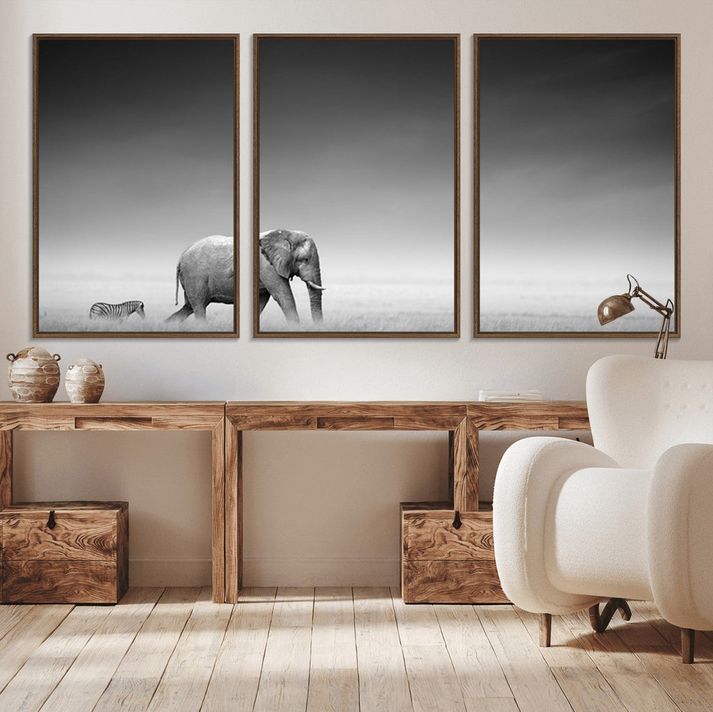 Elephant and Zebra Wall Art Canvas Print, Modern Artwork