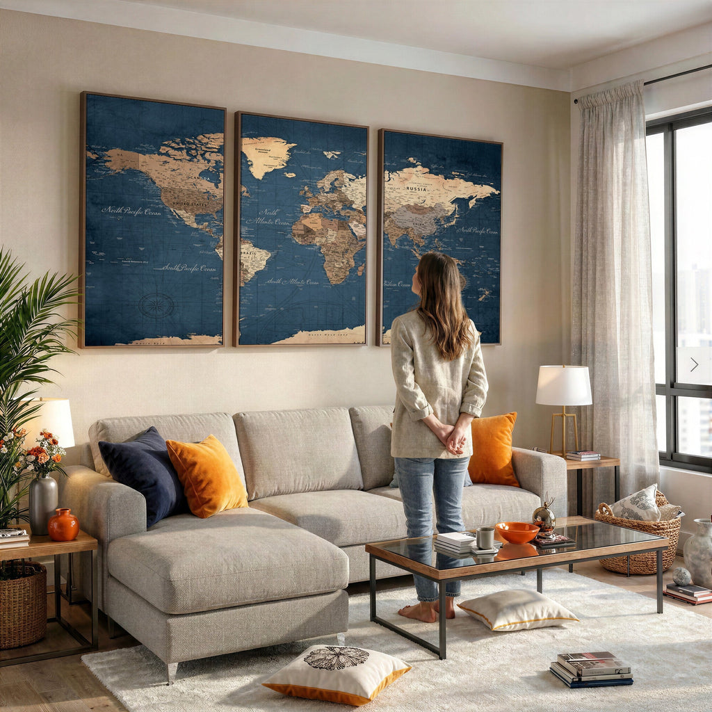 Navy Blue World Map Canvas Print | Framed Travel Map Wall Art