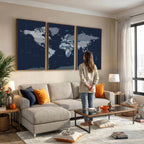 Blue Detailed World Map Wall Art Canvas Print | Modern Framed Map
